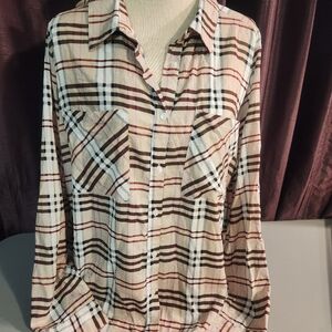 Spoon Jeans Plaid Button Up Shirt High Low Brown Plaid Round Hem 1x